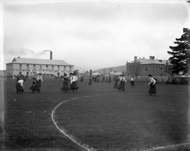 Women playing hockey at Sydenham Park, Christchurch, [ca 1900], 1900