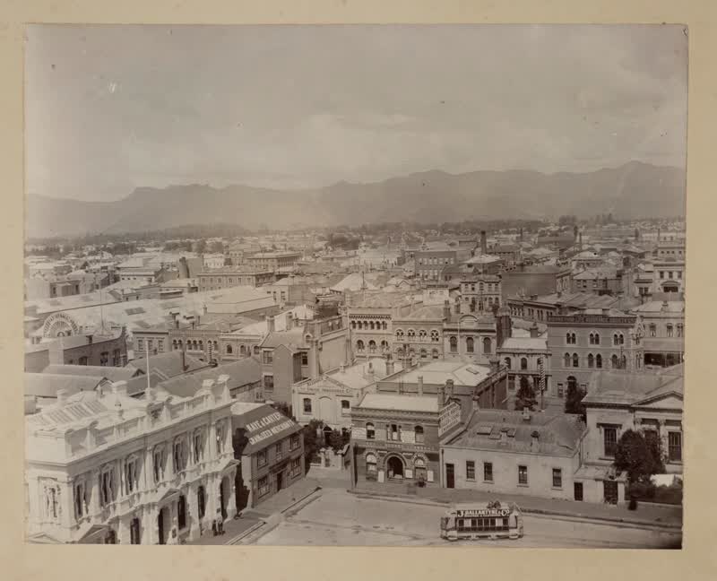 Christchurch city scene - buildings, tram, 1880