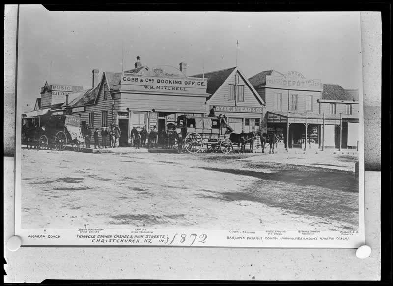 Copy of a photograph depicting Triangle Corner of Cashel and High streets, Christchurch NZ, 1964
