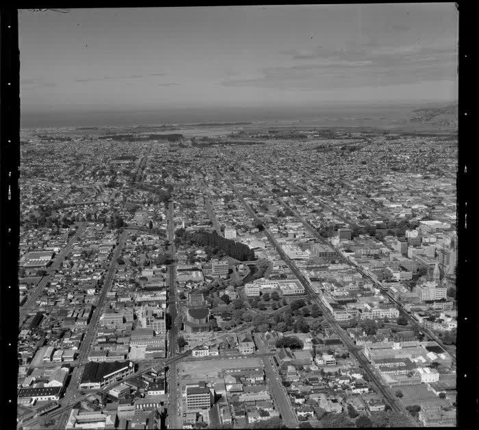 Central Christchurch, showing area around Town Hall, 1972