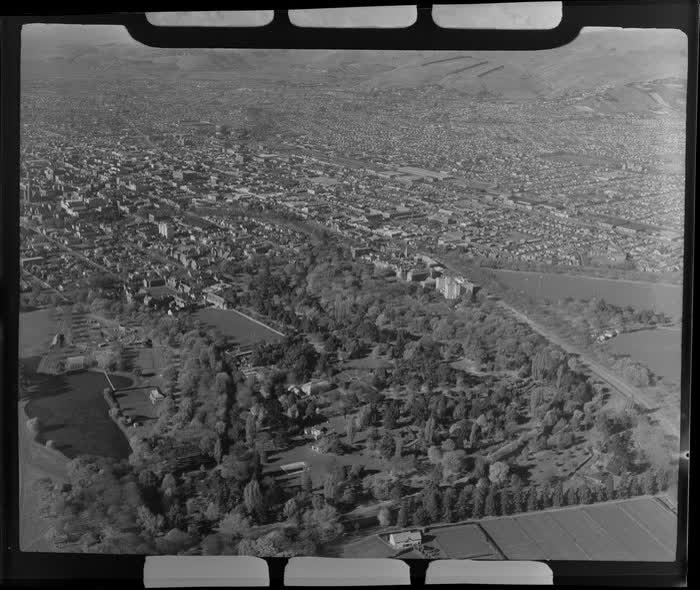 Hagley Park, Christchurch, Canterbury Region, including Christ's College and central city, 1951