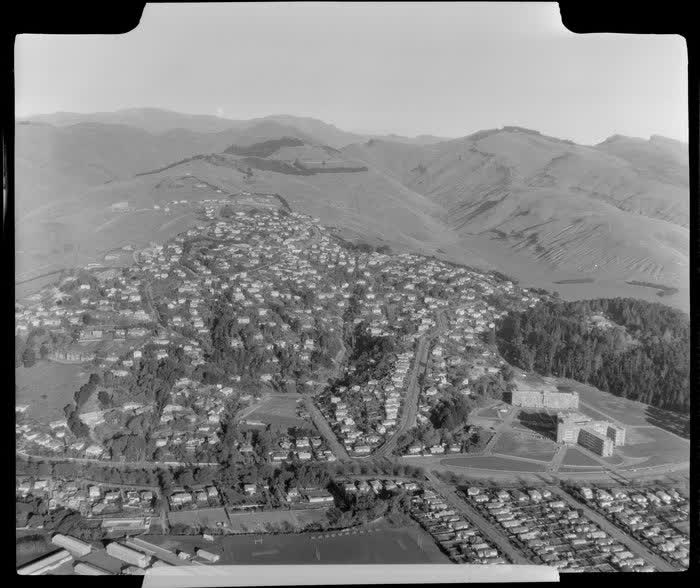 Cashmere, Christchurch City, with Princess Margaret Hospital on the left, 1962
