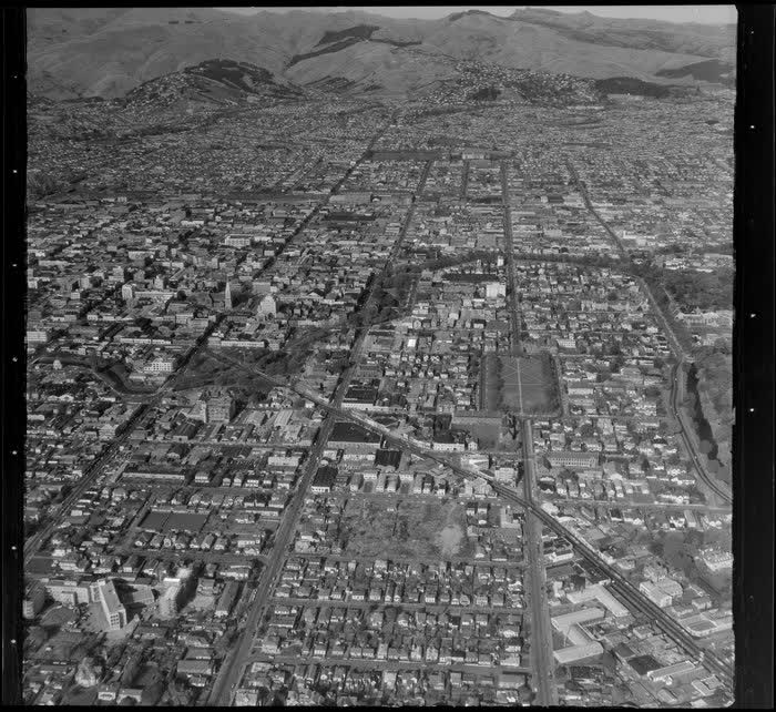 Christchurch city centre with Port Hills, 1964