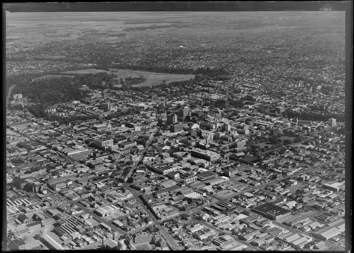 Christchurch City including Hagley Park in the background, 1969
