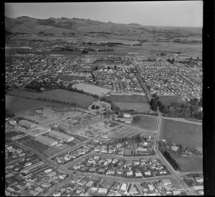 Ilam, Christchurch, showing the University of Canterbury, with the Faculty of Science buildings under construction, 1964