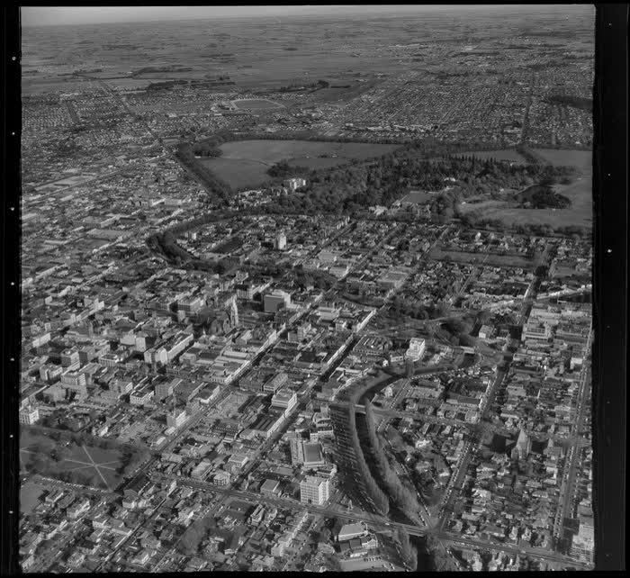 Christchurch city, showing Avon River, 1964