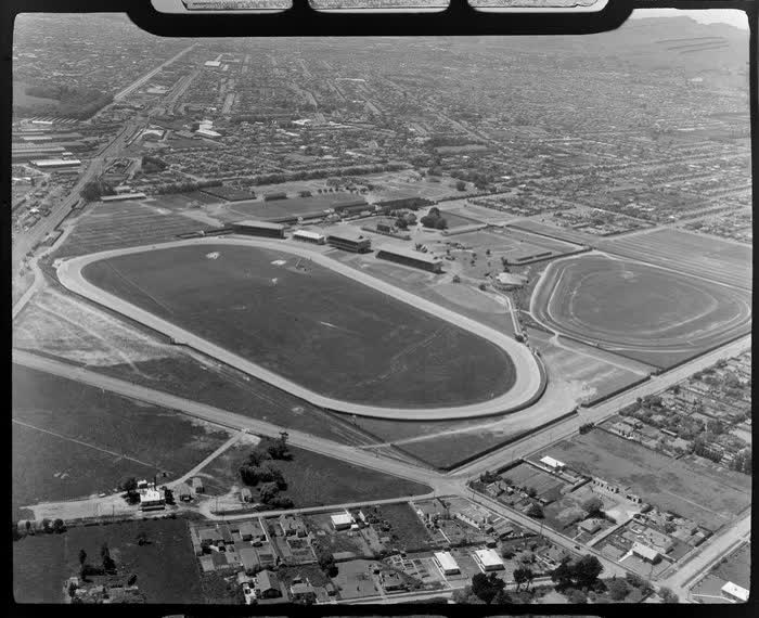 Trotting track and showgrounds, Addington, Christchurch, 1947