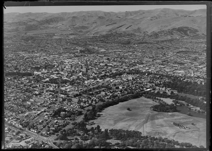 Christchurch City including Hagley Golf Course in the foreground, 1969