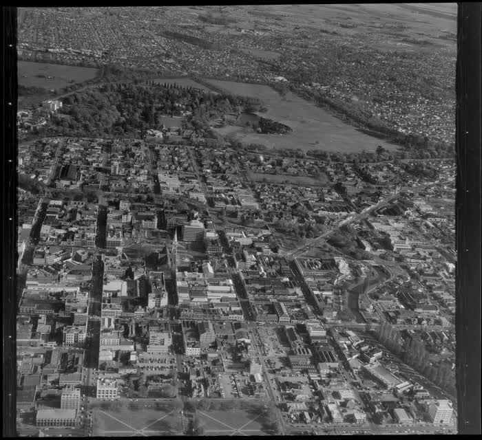 Christchurch city, with Hagley Park, 1964