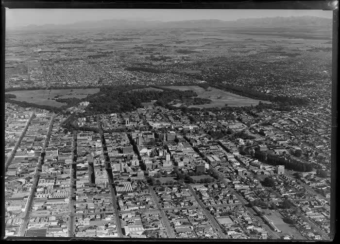 Christchurch City including Hagley Park in the background, 1969