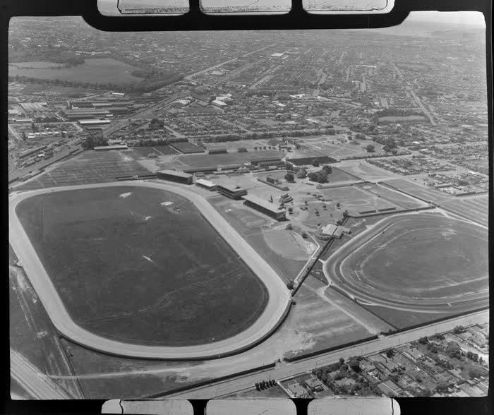 Trotting track and showgrounds, Addington, Christchurch, 1947