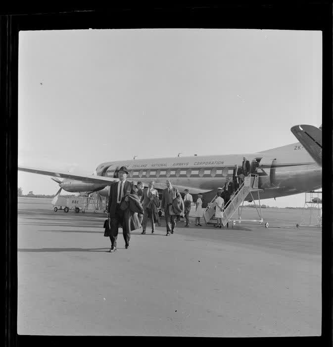 New Zealand National Airways Corporation plane at Christchurch Airport, 1964