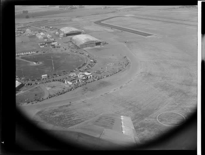 View of Harewood Airport from the Clipper Rainbow, Boeing 377 stratocruiser, Christchurch, 1952