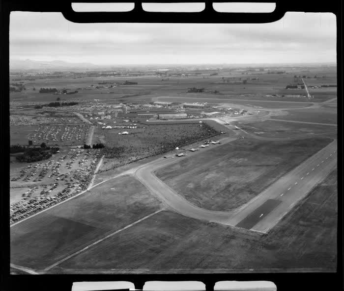 Harewood Airport, Christchurch, 1953 London-Christchurch Air Race, showing new Canberras and airfield, 1953