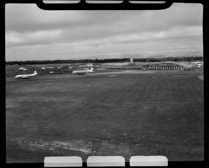 Harewood Airport, Christchurch, 1953 London-Christchurch Air Race, showing a BEA Viscount aircraft (front) and DC6 aircraft (rear), 1953