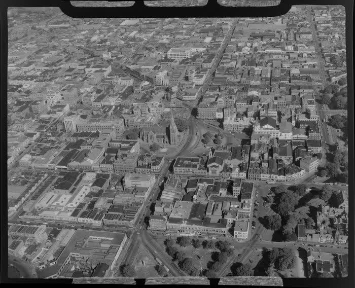 Christchurch Cathedral and business area, 1955