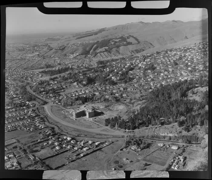 Cashmere Hills and Princess Margaret Hospital under construction, Christchurch, 1955