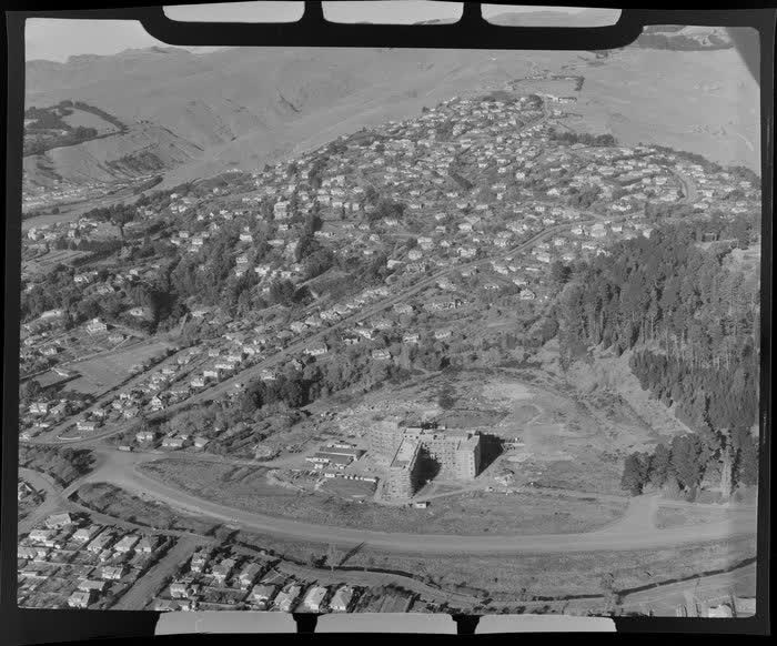 Cashmere Hills and Princess Margaret Hospital under construction, Christchurch, 1955