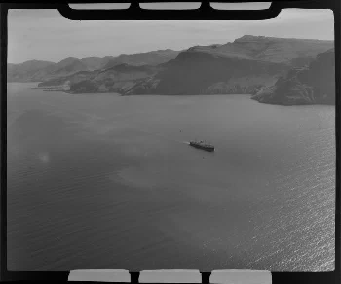 Boat sailing toward Lyttelton Harbour, Christchurch, 1955