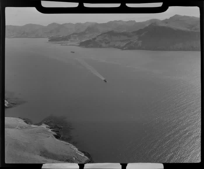 Lyttelton Harbour, Christchurch, showing two boats, 1955