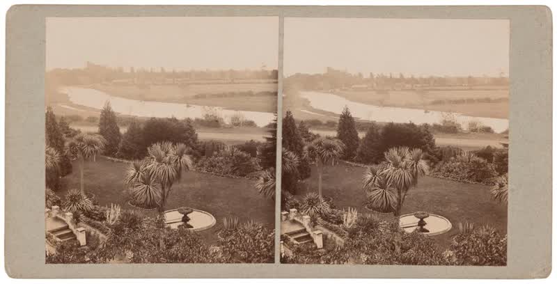 Looking towards Avon Ōtākaro River, 'Wainoni' - home and Pleasure Gardens at Tahuna Park built by Professor Bickerton, Christchurch, 1890