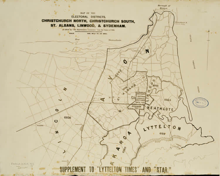 Map of the electoral districts, Christchurch North, Christchurch South, St. Albans, Linwood, and Sydenham as defined by the Representation Commission from the census of 1886, 1887