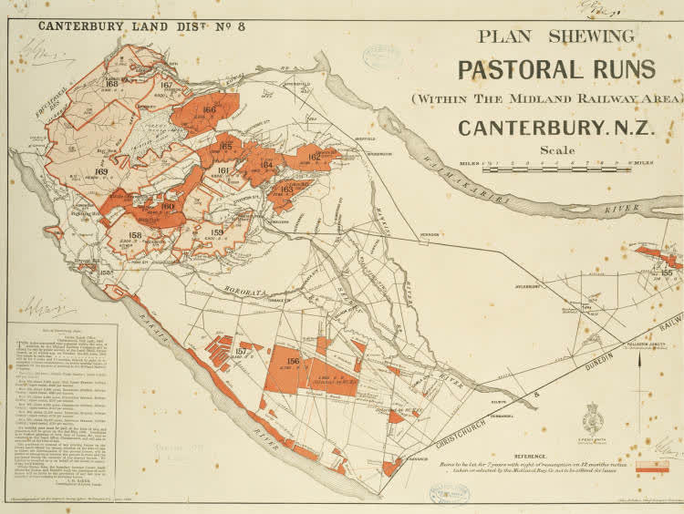 Plan shewing pastoral runs (within the Midland railway area), Canterbury, N.Z., 1889