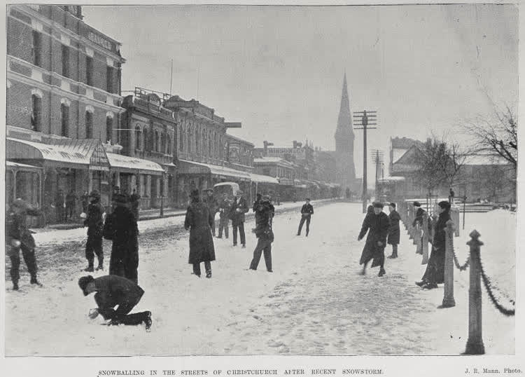 Snowballing in the streets of Christchurch after recent snowstorm, 1901