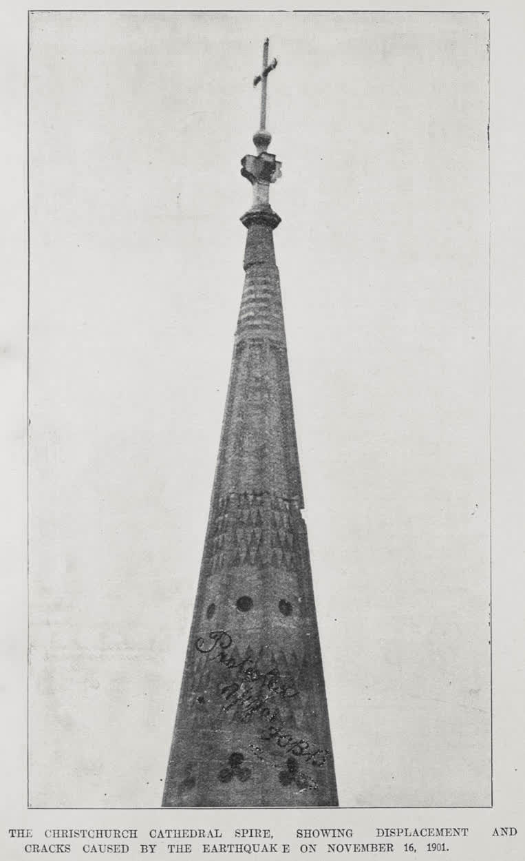 The Christchurch Cathedral Spire, showing displacement and cracks caused by earthquake on November 16, 1901, 1901