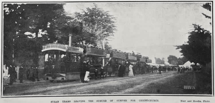 STEAM TRAMS LEAVING THE SUBURB OF SUMNER FOR CHRISTCHURCH, 1904