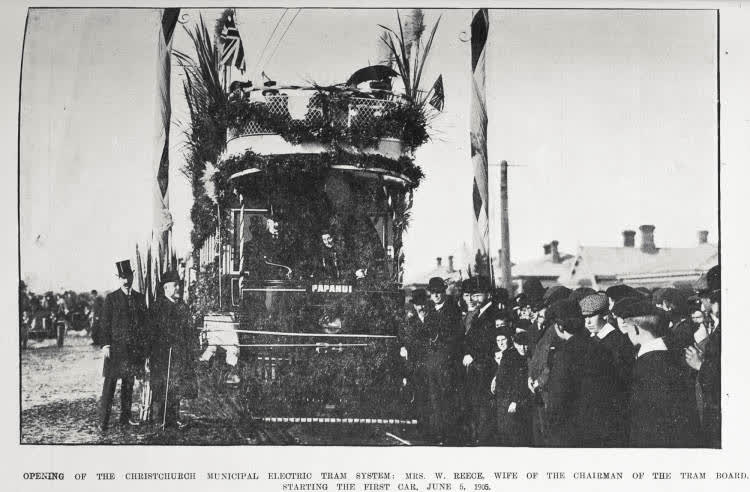 OPENING OF THE CHRISTCHURCH MUNICIPAL ELECTRIC TRAM SYSTEM: MRS. W. REECE. WIFE OF THE CHAIRMAN OF THE TRAM BOARD. STARTING THE FIRST CAR, JUNE 5, 1905, 1905