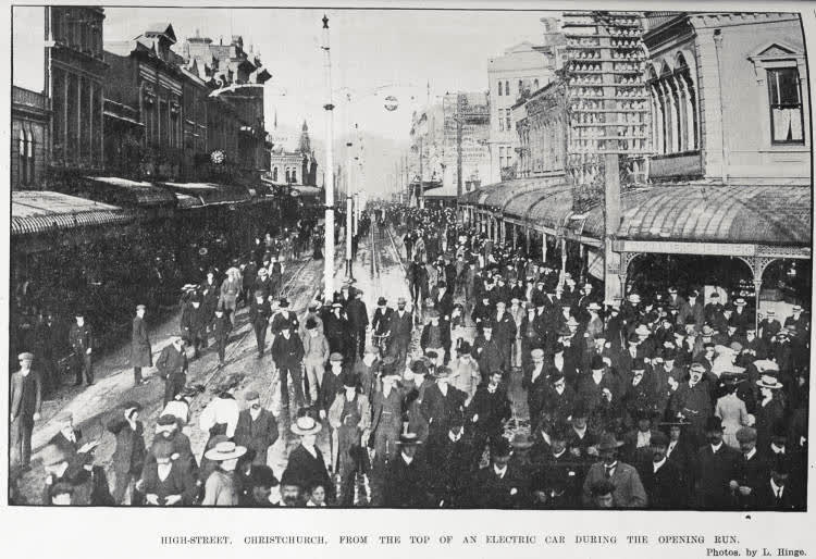 HIGH-STREET, CHRISTCHURCH, FROM THE TOP OF AN ELECTRIC CAR DURING THE OPENING RUN, 1905