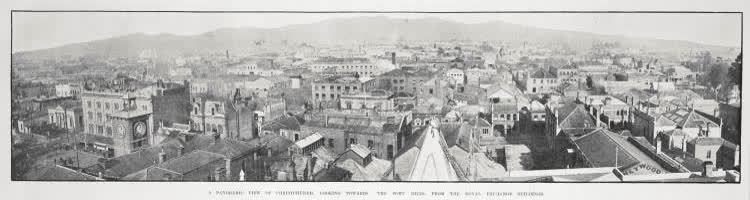A PANORAMIC VIEW OF CHRISTCHURCH, LOOKING TOWARDS THE PORT HILLS. FROM THE ROYAL EXCHANGE BUILDINGS, 1905