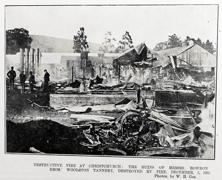 DESTRUCTIVE FIRE AT CHRISTCHURCH: THE RUINS OF MESSRS. BOWRON BROS.' WOOLSTON TANNERY. DESTROYED BY FIRE. DECEMBER. 1, 1905, 1905