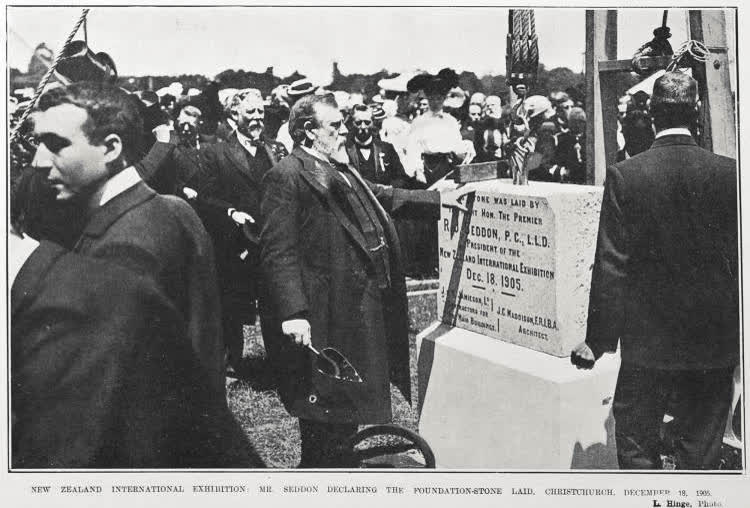 NEW ZEALAND INTERNATIONAL EXHIBITION: MR. SEDDON DECLARING THE FOUNDATION-STONE LAID, CHRISTCHURCH. DECEMBER 18. 1905, 1905