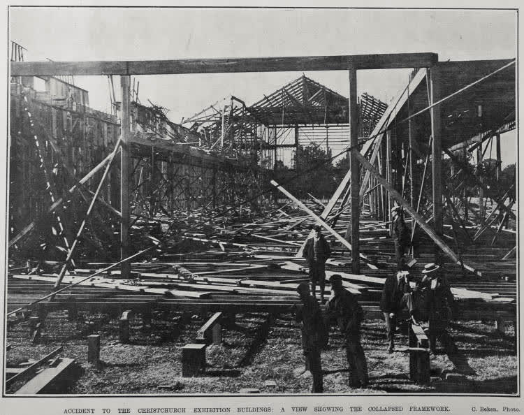 ACCIDENT TO THE CHRISTCHURCH EXHIBITION BUILDINGS: A VIEW SHOWING THE COLLAPSED FRAMEWORK, 1906