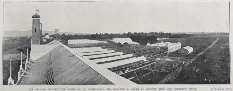NEW ZEALAND INTERNATIONAL EXHIBITION AT CHRISTCHURCH: THE BUILDINGS IN COURSE OF ERECTION, FROM THE NORTH-EAST TOWER, 1906