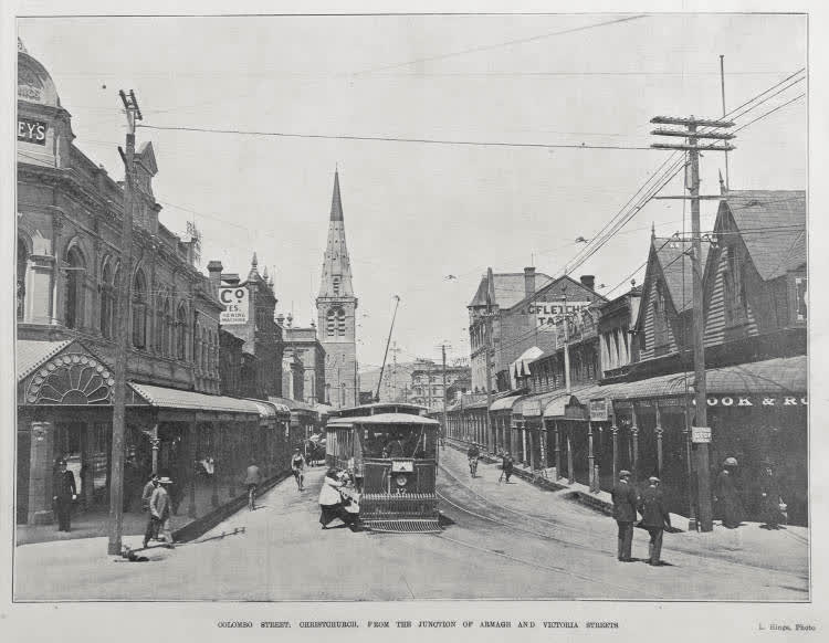 COLOMBO STREET, CHRISTCHURCH, FROM THE JUNCTION OF ARMAGH AND VICTORIA STREETS, 1906