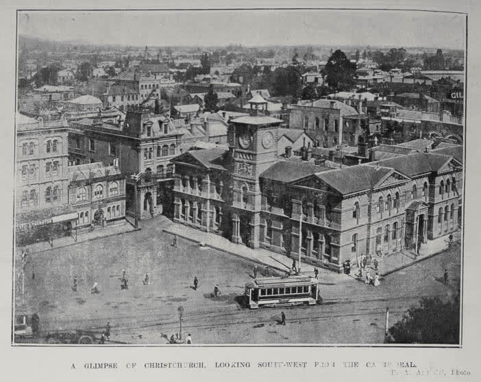 A GLIMPSE OF CHRISTCHURCH. LOOKING SOUTH-WEST FROM THE CATHEDRAL, 1906