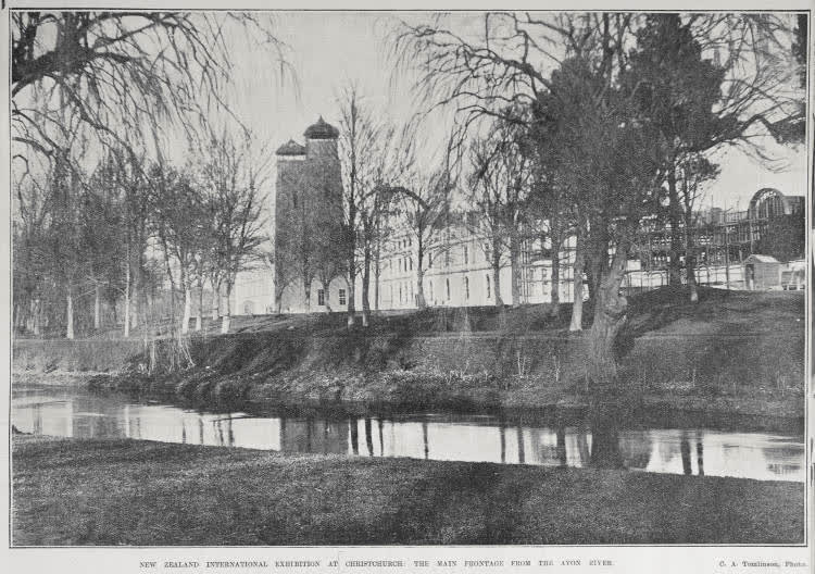 NEW ZEALAND INTERNATIONAL EXHIBITION AT CHRISTCHURCH: THE MAIN FRONTAGE FROM THE AVON RIVER, 1906