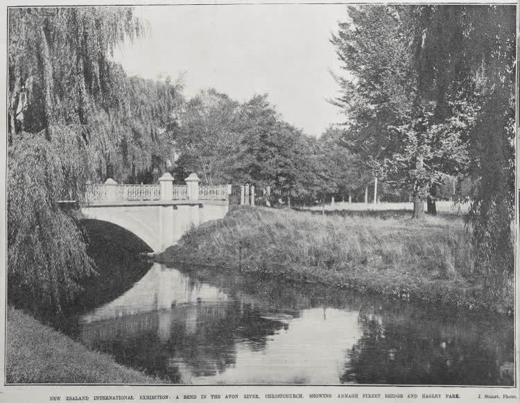 NEW ZEALAND INTERNATIONAL EXHIBITION: A BEND IN THE AVON RIVER, CHRISTCHURCH, SHOWING ARMAGH STREET BRIDGE AND HAGLEY PARK, 1906