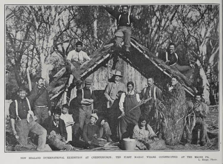 NEW ZEALAND INTERNATIONAL EXHIBITION AT CHRISTCHURCH: THE FIRST MAHAU WHARE CONSTRUCTED AT THE MAORI PA, 1906