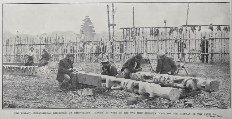 NEW ZEALAND INTERNATIONAL EXHIBITION AT CHRISTCHURCH: CARVERS AT WORK ON THE TWO MAIN ENTRANCE POSTS FOR THE GATEWAY OF THE MAORI PA, 1906