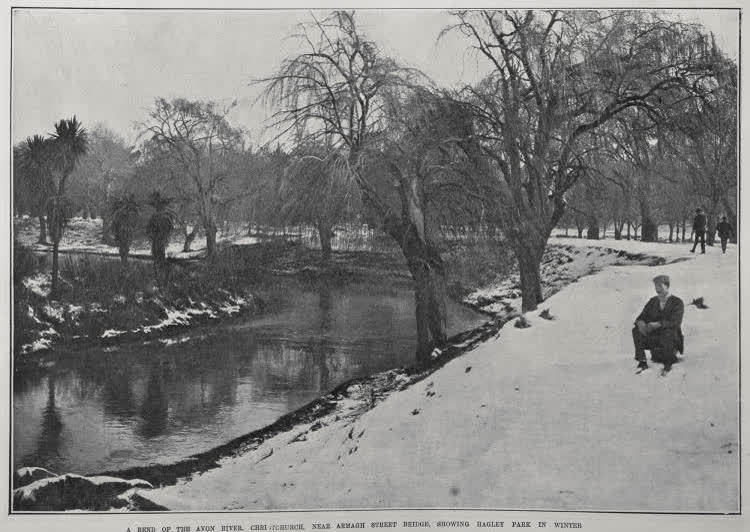 A BEND OF THE AVON RIVER, CHRISTCHURCH, NEAR ARMAGH STREET BRIDGE, SHOWING HAGLEY PARK IN WINTER, 1906