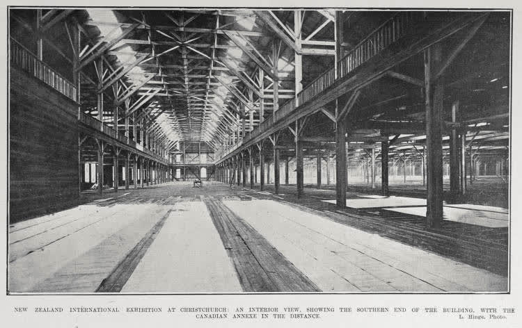 NEW ZEALAND INTERNATIONAL EXHIBITION AT CHRISTCHURCH: AN INTERIOR VIEW, SHOWING THE SOUTHERN END OF THE BUILDING, WITH THE CANADIAN ANNEXE IN THE DISTANCE, 1906