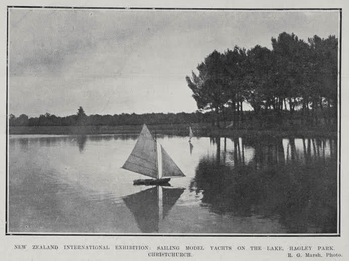 NEW ZEALAND INTERNATIONAL EXHIBITION: SAILING MODEL YACHTS ON THE LAKE, HAGLEY PARK. CHRISTCHURCH, 1906