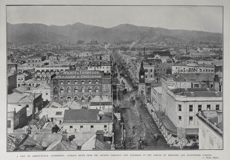 A VIEW OF CHRISTCHURCH, CANTERBURY, LOOKING SOUTH FROM THE EXPRESS COMPANY'S NEW BUILDINGS AT THE CORNER OF HEREFORD AND MANCHESTER STREETS, 1906