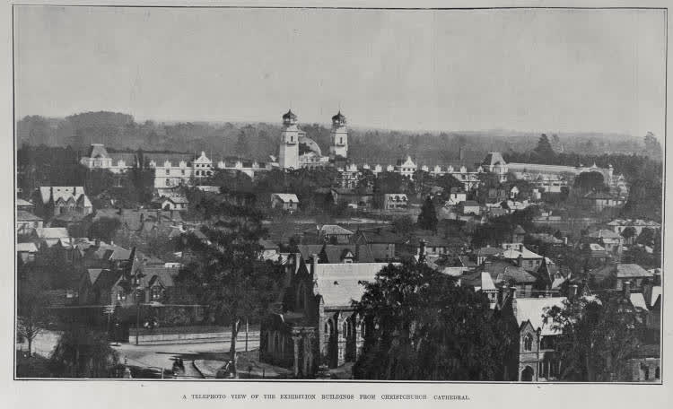 A TELEPHOTO VIEW OF THE EXHIBITION BUILDING FROM CHRISTCHURCH CATHEDRAL, 1906