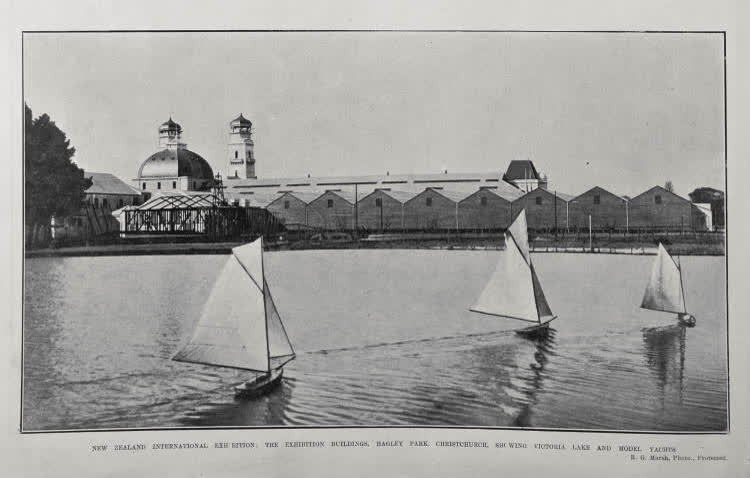 NEW ZEALAND INTERNATIONAL EXHIBITION: THE EXHIBITION BUILDINGS, HAGLEY PARK, CHRISTCHURCH, SHOWING VICTORIA LAKE AND MODEL YACHTS, 1906