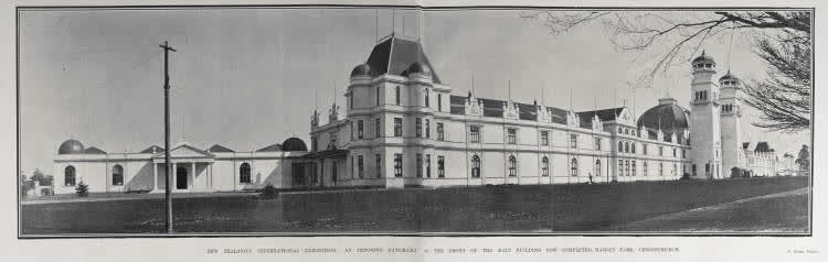 NEW ZEALAND'S INTERNATIONAL EXHIBITION: AN IMPOSING PANORAMA OF THE FRONT OF THE MAIN BUILDING NOW COMPLETED, HAGLEY PARK, CHRISTCHURCH, 1906